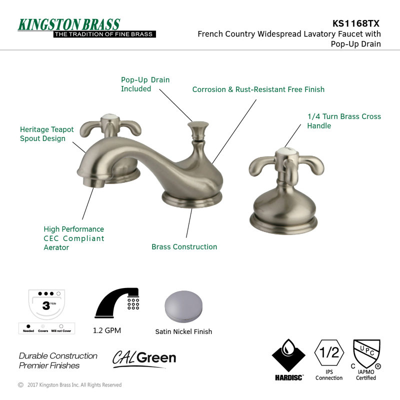 Kingston Brass French Country Two-Handle 3-Hole Deck Mount Widespread Bathroom Faucet with Brass Pop-Up Drain, Brushed Nickel