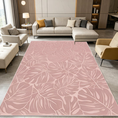 Tapis 1 pièce à motif de feuilles tropicales roses Monstera pour le salon, doux et confortable, convient à toutes les saisons, facile à entretenir, tapis de sol intérieur lavable à la machine, sous la table de ferme convenant à la table à manger, à la chambre à coucher, au vestibule de la cuisine,