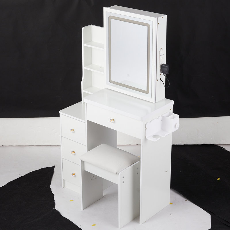 Petite coiffeuse 29,2 po + tabouret rembourré, 2 blocs d'alimentation AC + 2 ports USB, support pour sèche-cheveux, très grand miroir coulissant à commande tactile à DEL, changement de couleur, réglage de la luminosité