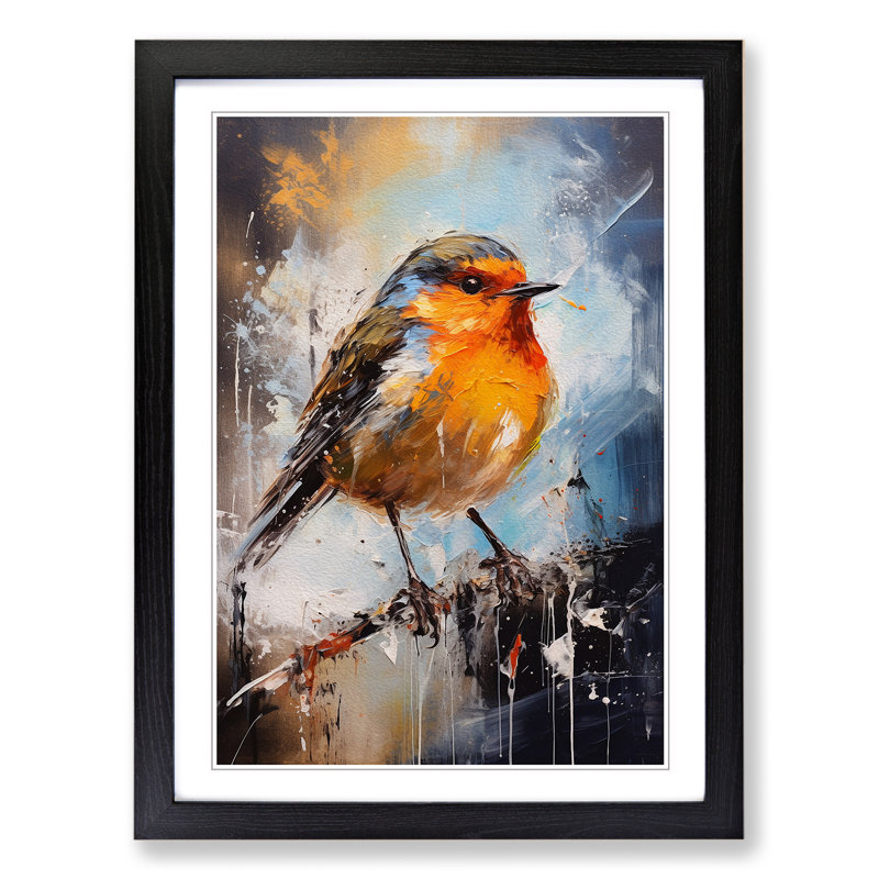 Robin Bird Action Painting - Single Picture Frame Print on Wood, Black, 46cm H x 34cm W x 2cm D