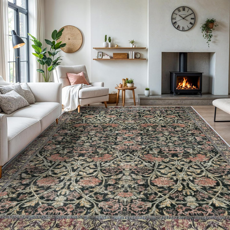 Area Rugs Floral - Washable Living Room Area Rug Non Slip Vintage Rugs Low Pile Carpets Stain Sesistant Soft Rug for Bedroom Dining Room Office Black