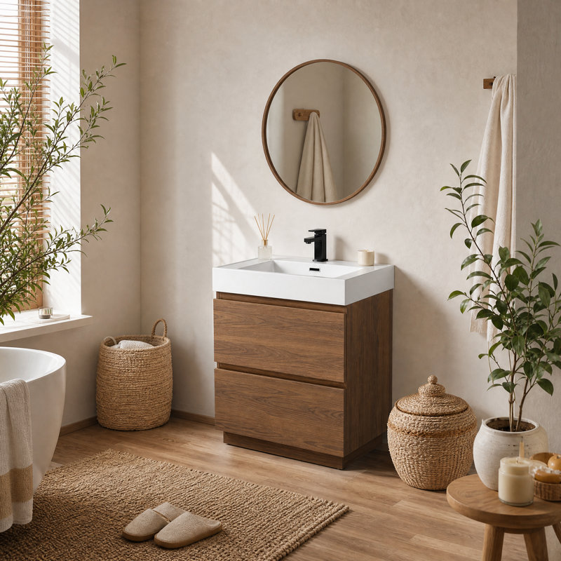 Ensemble de meuble-lavabo 24 po avec lavabo sous comptoir, 2 tiroirs à fermeture en douceur, meuble-lavabo en bois d'ingénierie à finition brune pour petite salle de bain