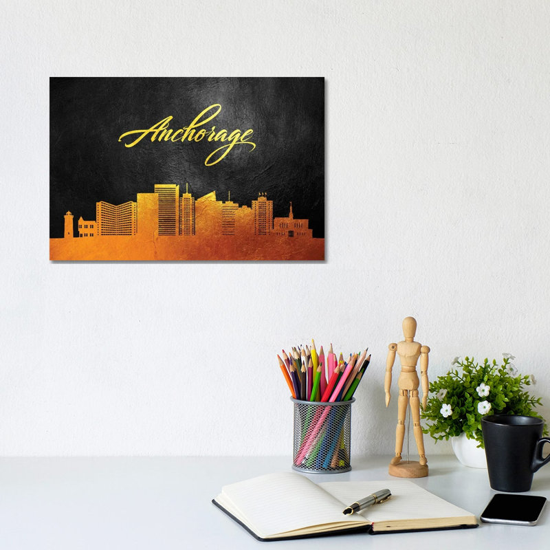 Anchorage Alaska Gold Skyline by Adrian Baldovino - Wrapped Canvas Print, 20.32 cm H x 30.48 cm W