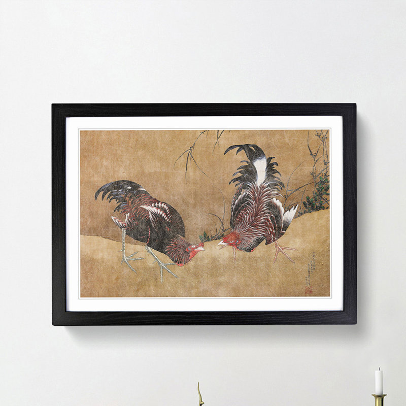 Gamecocks by Katsushika Hokusai - Framed Print, 36cm H x 48cm W x 2cm D, Black Framed