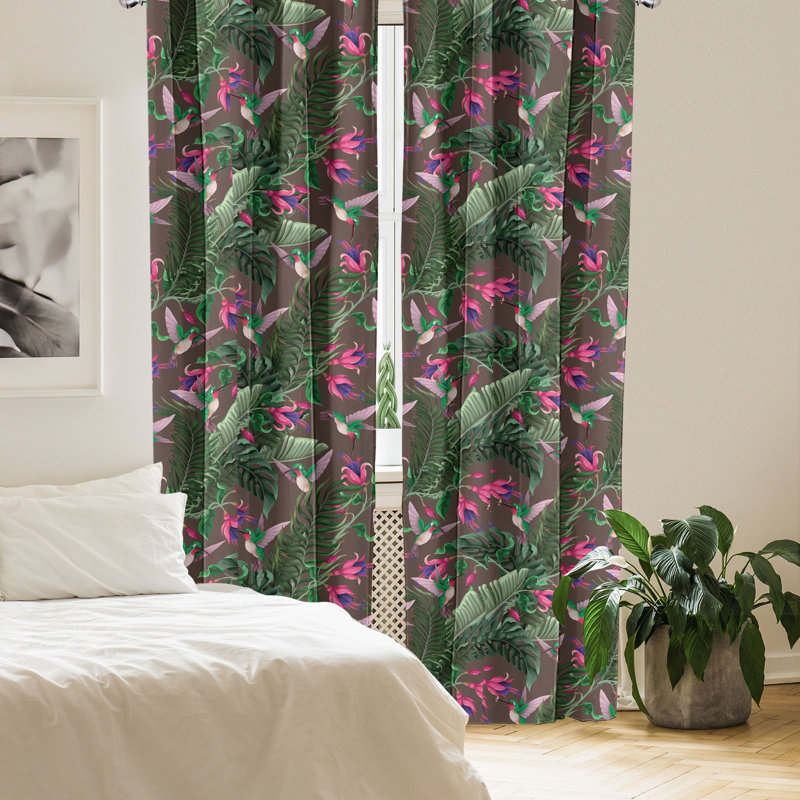 Tropical Floral Navy Blue and Olive Green Sheer Curtain Panels