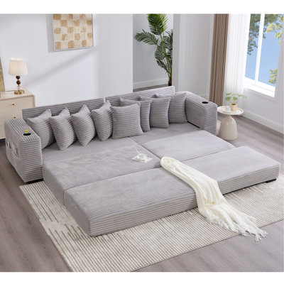 [VIDEO PROVIDED]   110.75" Modular L Shaped Sofa, Corduroy Fabric Sectional Couch,With A Movable Footstool, Cup Holders,Bring 8 Throw Pillows,Side Pocket,Unfold Into A Bed,Light Gray