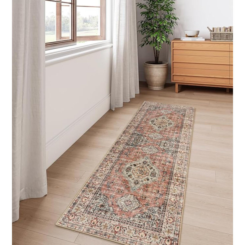Tapis de couloir de cuisine oriental pour couloir, tapis de cuisine 2X5 antidérapant avec envers en caoutchouc Tapis rétro ultra-mince pour salle de bain, pêche / orange