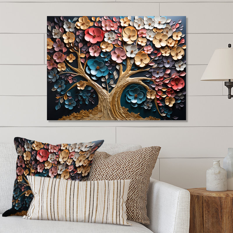 Orchidée dorée colorée, jardin de branches I - art mural arbre en métal, H 12 po x l 20 po x P 1 po