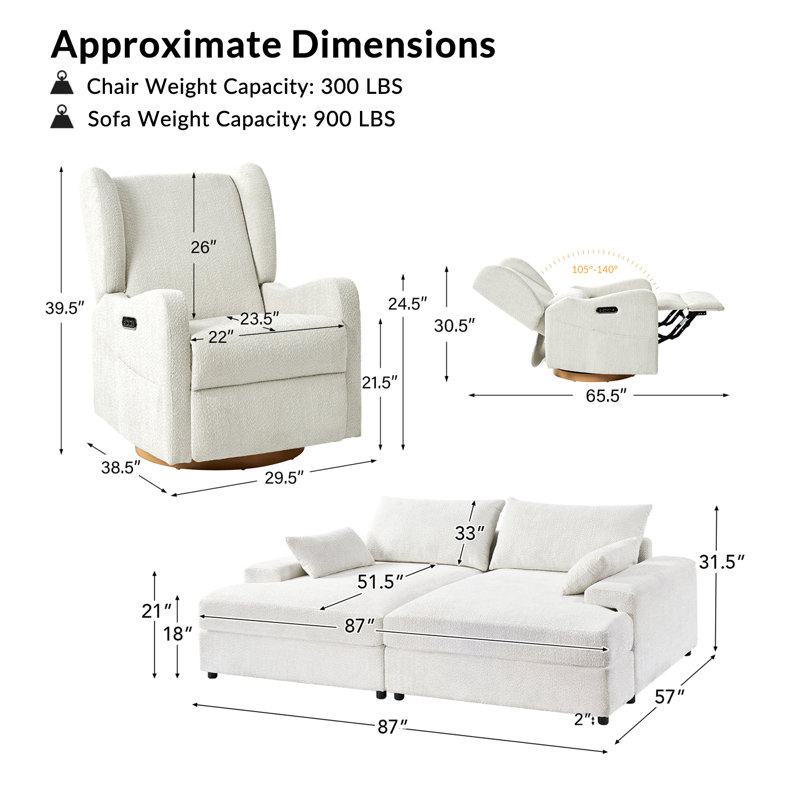 Ensemble de salon 3 pièces avec canapé-lit et fauteuils inclinables Lorino, Ivoire ivoire