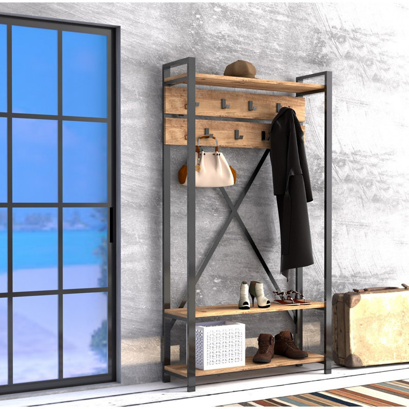 Modern Hall Stand with Multipurpose Hanging Rack, 35.4 x 70.9 x 13.4 inches | 100% Melamine Coated Particle Board, Thickness: 0.7 inches | Numerous Shelves, Wall-Mountable, Stylish & Functional Design