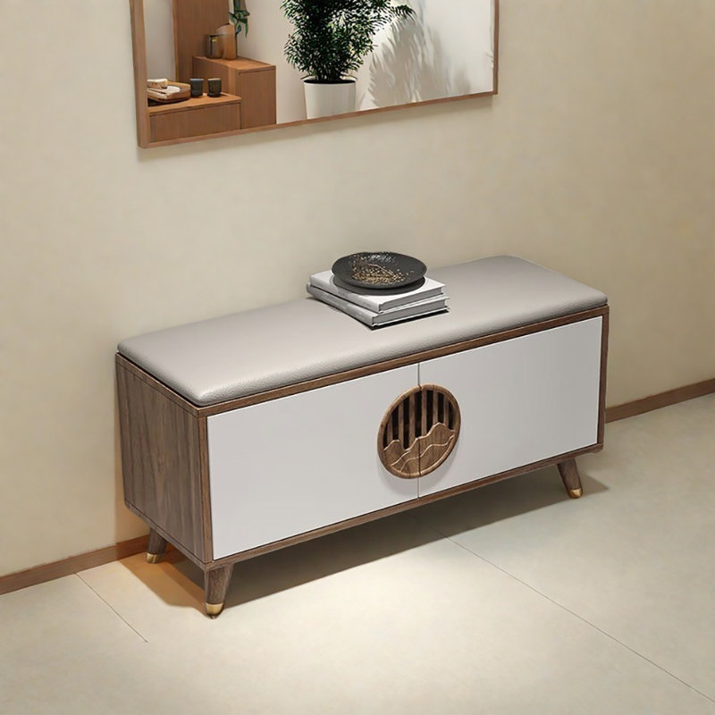 39.4in Multi-functional Shoe Storage Bench, White/Light Walnut