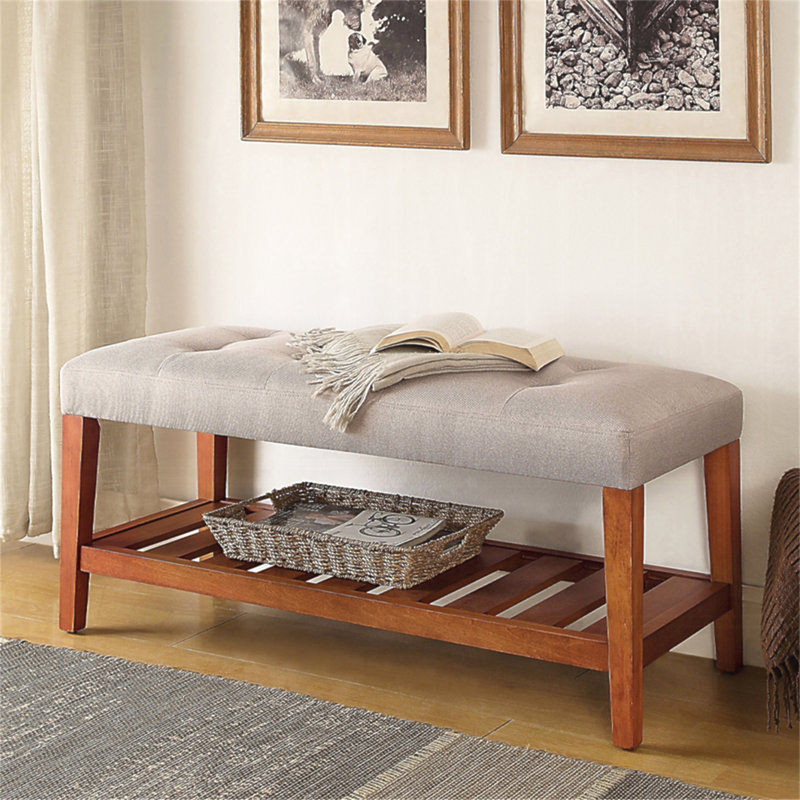 Banc rembourré en tissu avec rangement ouvert, gris clair et chêne, Light Grey