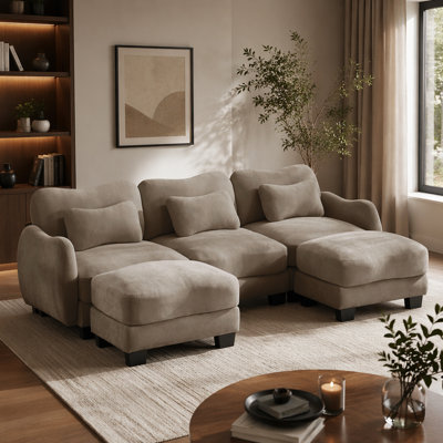 Chenille U-Shaped Sofa with 3 Exquisite Waist Pillows, Oversized 3-Seater Sectional with 2 Movable Ottomans , Ergonomic Curved Design, Easy to Assemble Modular Couch for Living Room Office,Coffee