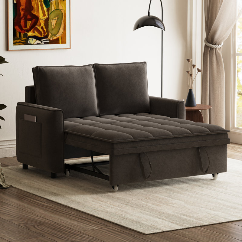  49" Modern Convertible Sleeper Loveseat with Pull-Out Bed, Adjustable Backrest & Side Storage Pockets, Brown
