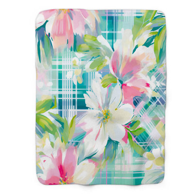 Gingham Watercolor Blossoms - Couverture sherpa de qualité supérieure 1 pièce