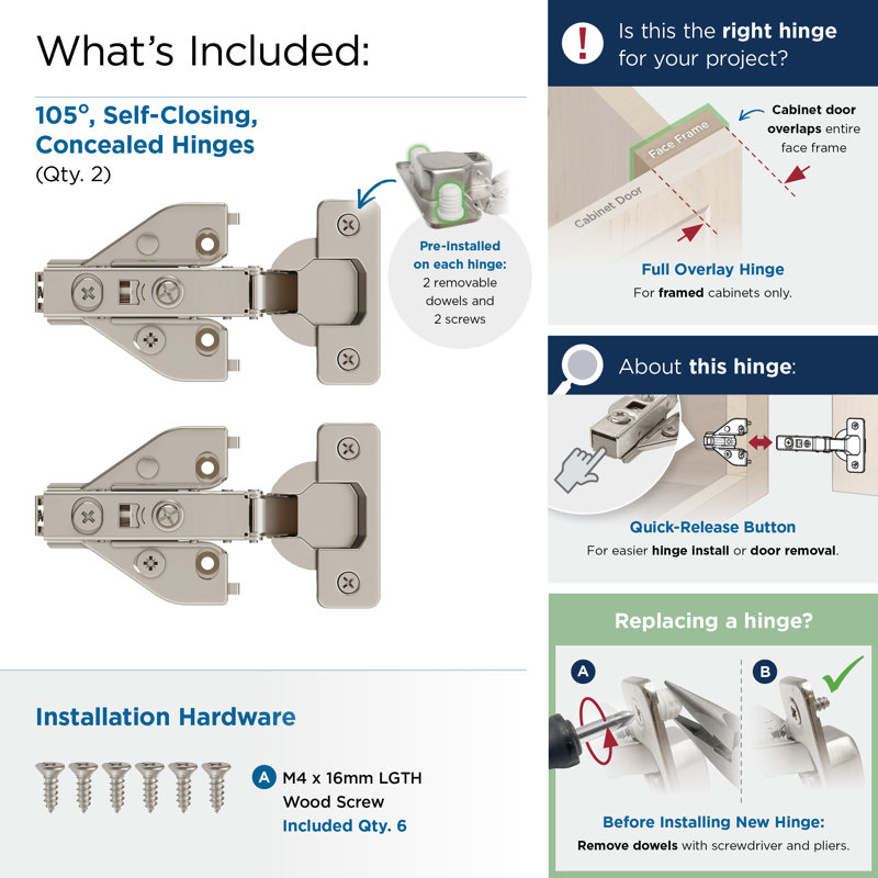 Nickel Full Overlay Self-Closing Euro Concealed Cabinet Hinge