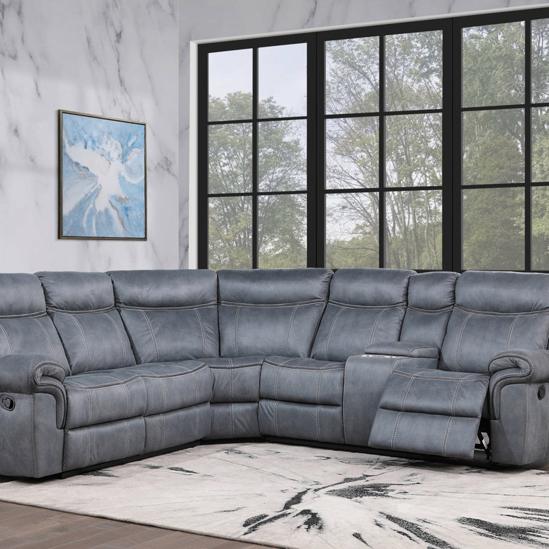 Canapé modulaire inclinable manuel deux tons avec port USB et console porte-gobelet Dollum, Nubuck gris