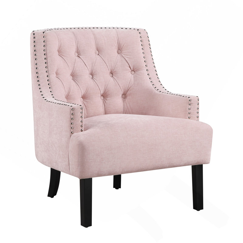 Chaise d'appoint traditionnelle en chenille rose avec revêtement en bois massif capitonné à boutons 1 pièce, Rose