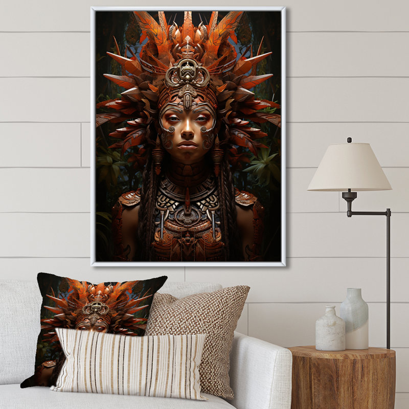 Ancien masque aztèque I sur toile, Cadre flottant blanc, H 40 po x l 30 po