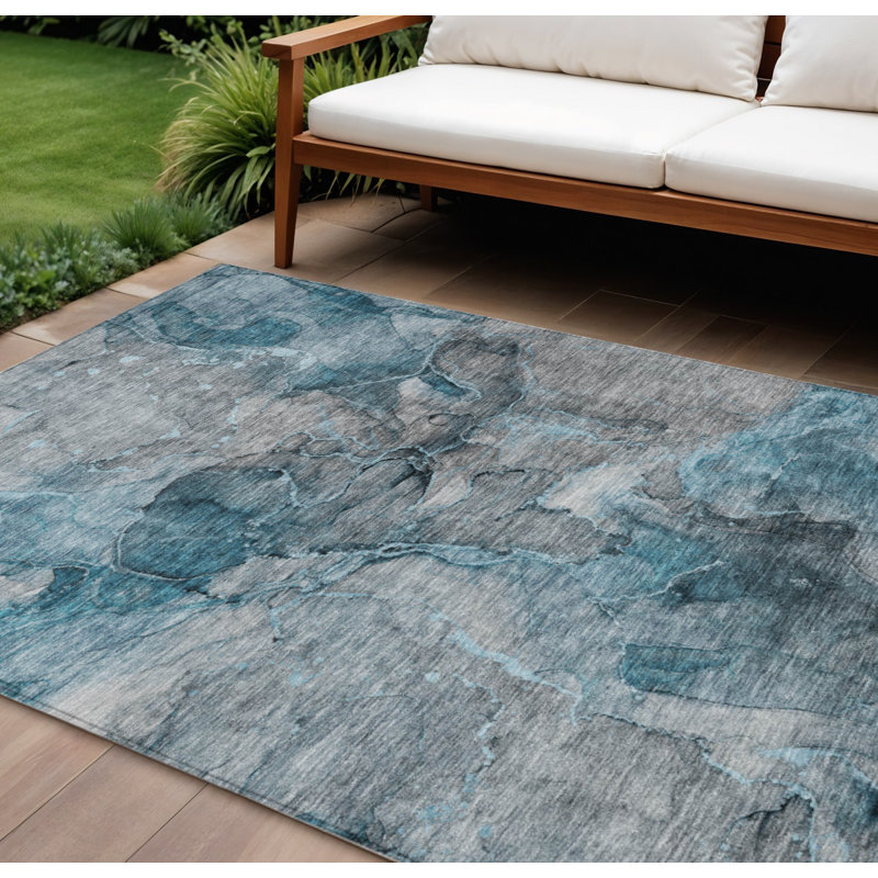 Tapis intérieur / extérieur abstrait bleu sarcelle et bleu marine HomeRoots 9 pi x 12 pi