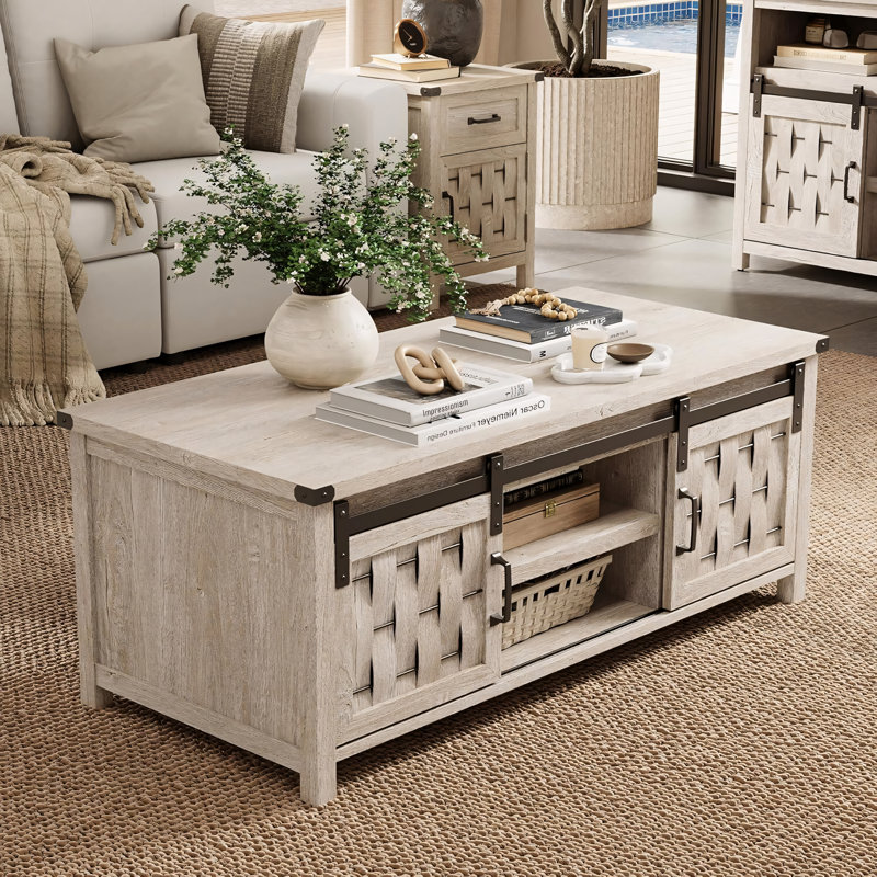 47" Farmhouse Coffee Table with Barn Doors & Adjustable Shelves, Light Gray