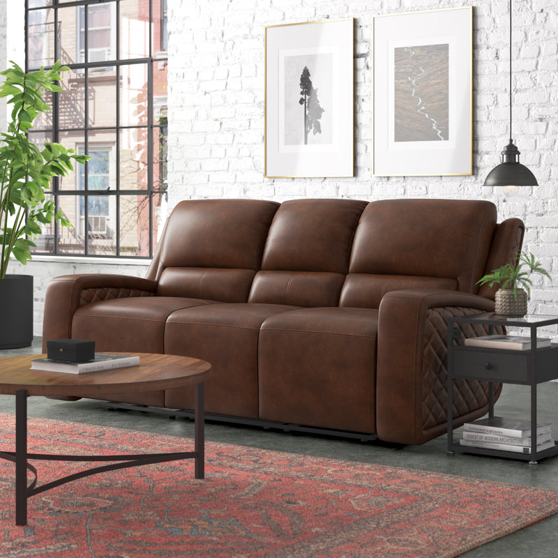 Canapé inclinable en cuir véritable à accoudoirs arrondis 86 po Drew, Cuir véritable chameau