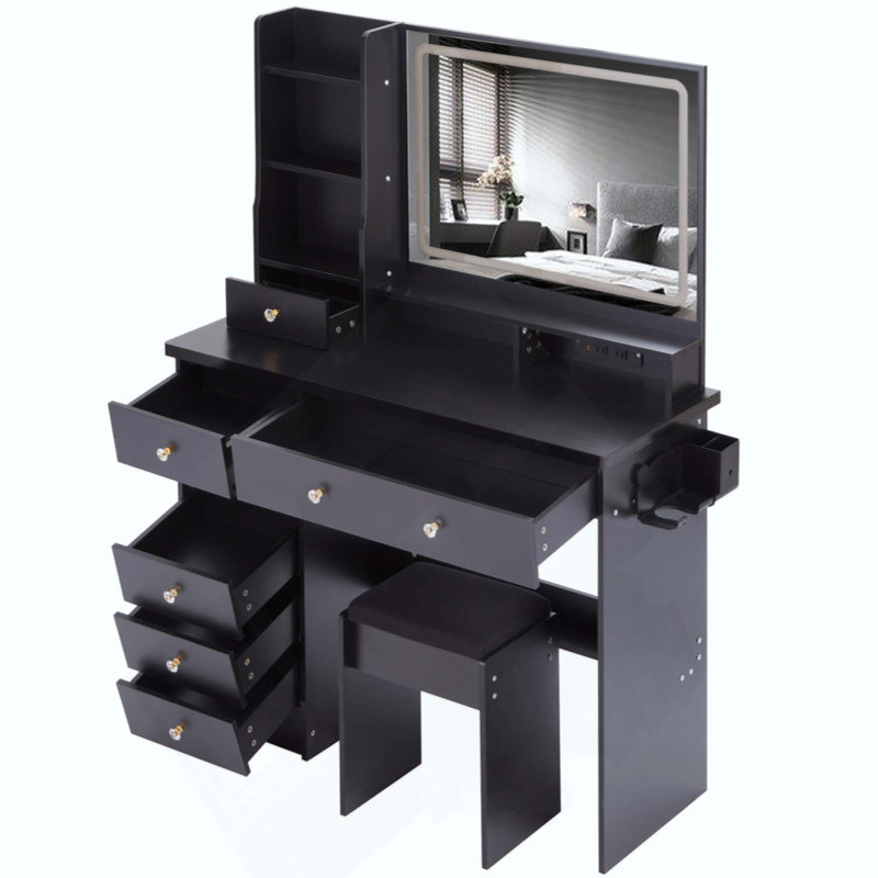 Large Size Left Drawer Desktop Vanity Table+Cushioned Stool Dresser Set, 2 AC+2 USB Power Station, Hair Dryer Stand, Extra Large Touch Control LED Mirror, 3-Color Switch, EPA, GCC, UL Certificate