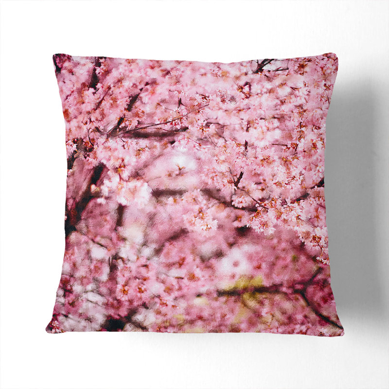 Pink Cherry Blossom Flowers Vol.3 Painting Square Throw Cushion, 40cm H x 40cm W x 15cm D, White