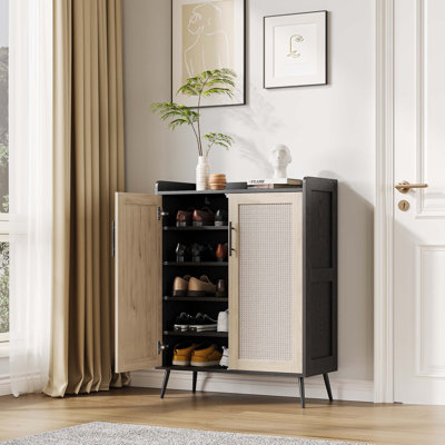 Armoire de rangement 31 po x 14 po x 41 po à 5 tablettes avec portes en rotin, armoire haute avec portes doubles et 5 niveaux pour le vestibule du vestibule de la salle à manger, noir et bois clair
