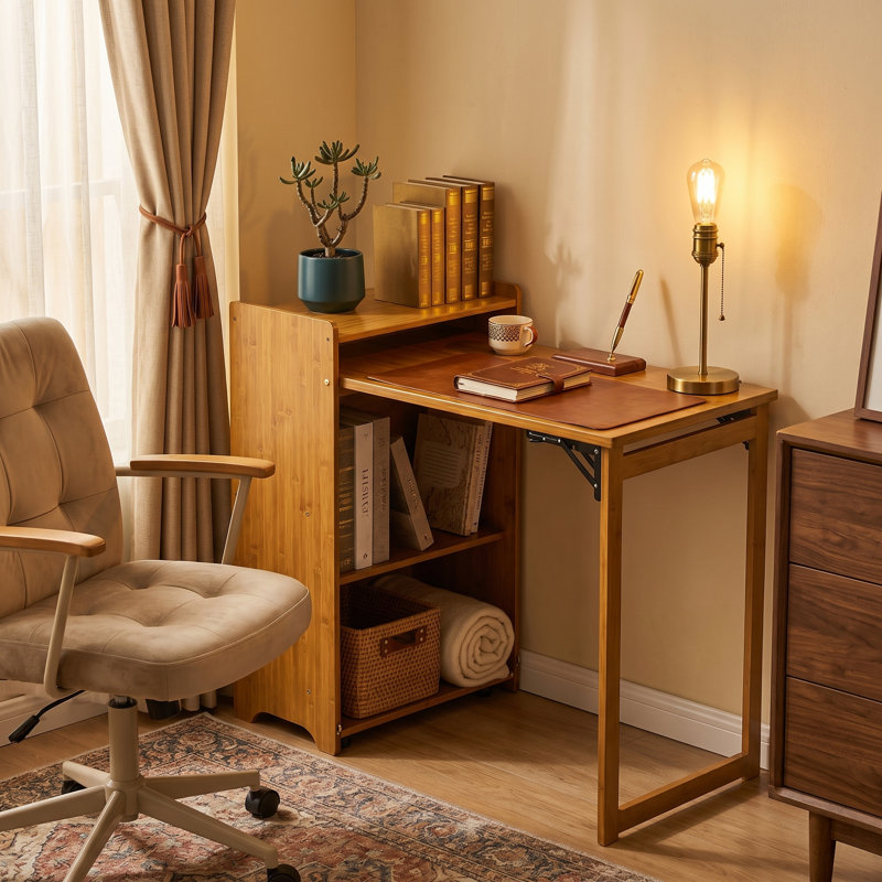 Bureau pliant moderne en bambou 39 po avec rangement, 33.46" H x 39.37" W x 20.87" D, Brown