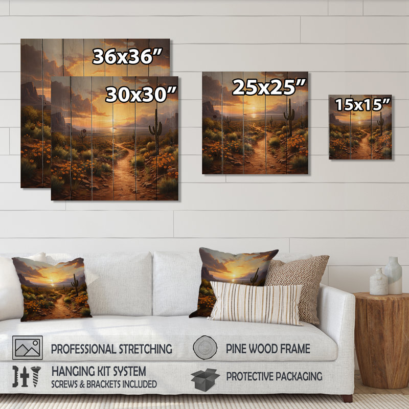 «Cactus Sunset Desert Dreams In Mexico II», reproduction d'art mexicain sur bois, H 25 po x l 25 po