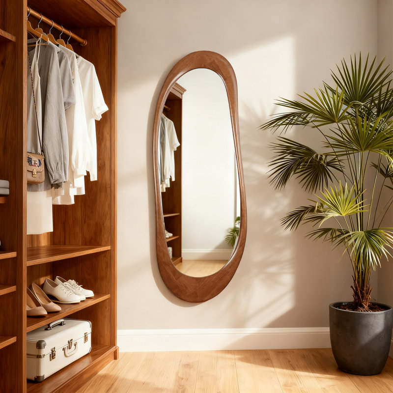 Asymmetrical Full-Length Wall Mirror with Wood Frame, Walnut