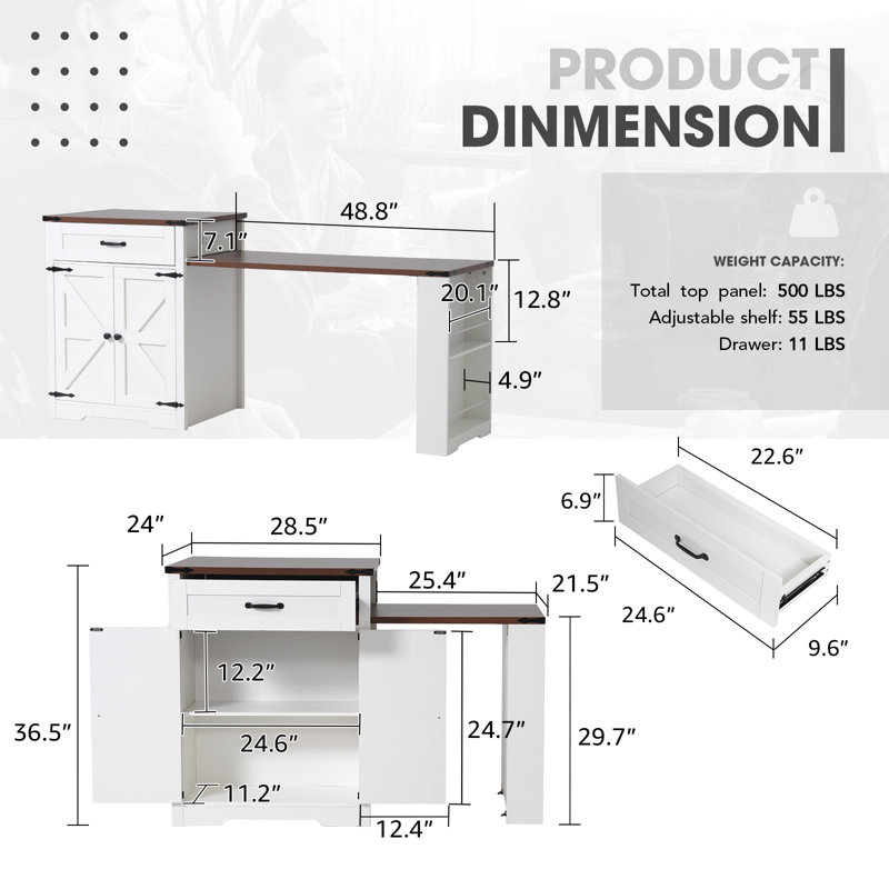 77.4” Kitchen Island With Extendable Dining Table For 4-6 Person