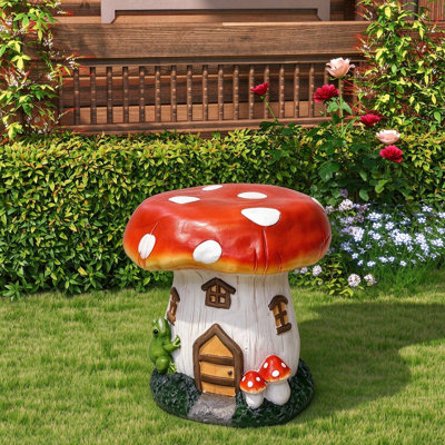 13" Mushroom Stool Garden Statue, Magnesium Oxide Stone Composite Outdoor Stool Decor, Red Cap with Yellow Edge, Sculpture Decor for Yard, Patio, Garden & Backyard,