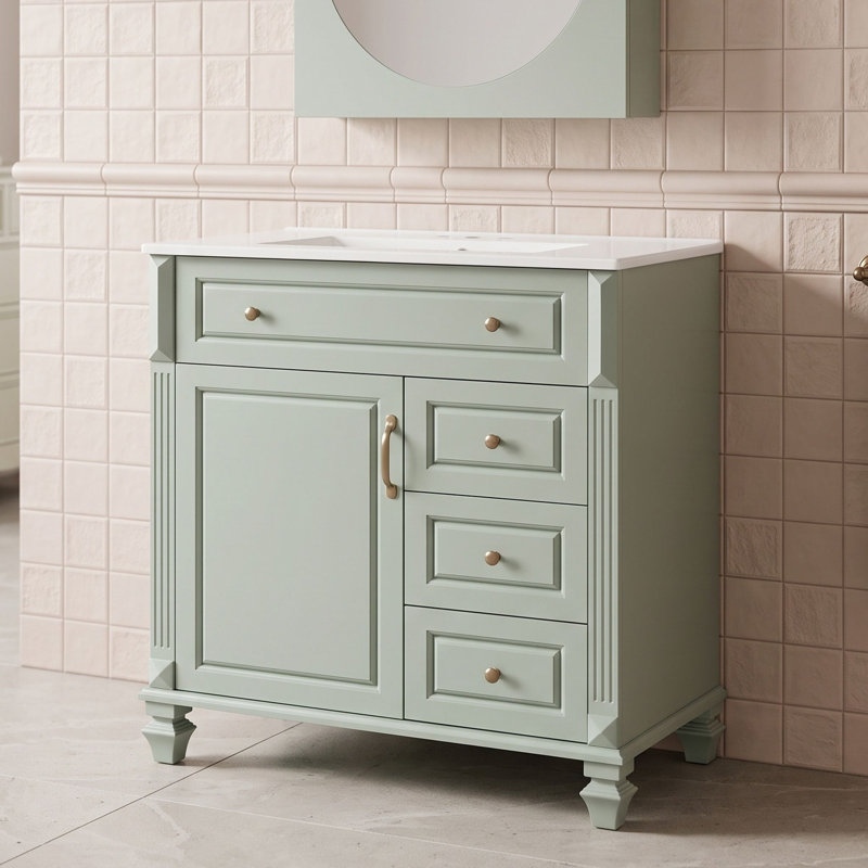 Meuble-lavabo autoportant avec lavabo en céramique, tiroir escamotable, tablette réglable et rangement pour porte, Vert