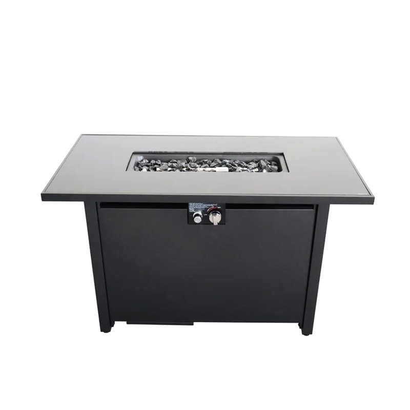 25" H 42" W Steel Outdoor Fire Pit Table With Lid - Modern Patio Heating Pit, Rust- Construction, Stainless Surface, Lava Rocks, Side Door For Propane, Ignition Control Panel, Protective Cover, Black