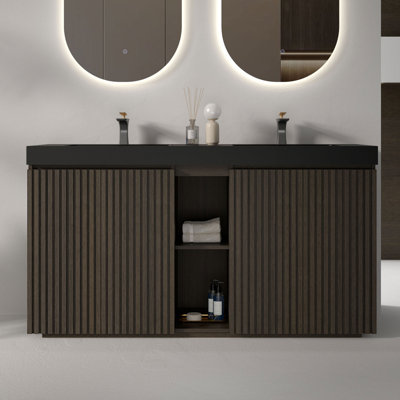 Meuble-lavabo double 60 po avec plateau à surface solide noir mat, brun chêne fumé 