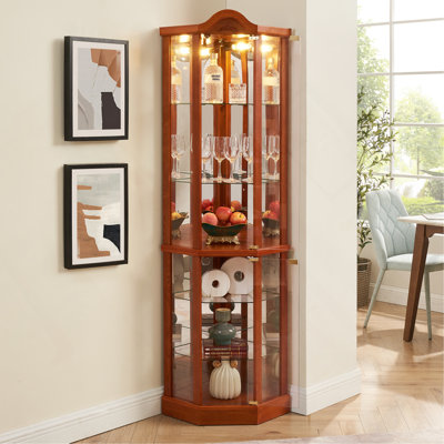 Lighted Glass Display Cabinet Corner Curio Cabinet With Adjustable Shelves Carved Decoration Wine Cabinet For Home Or Office Use