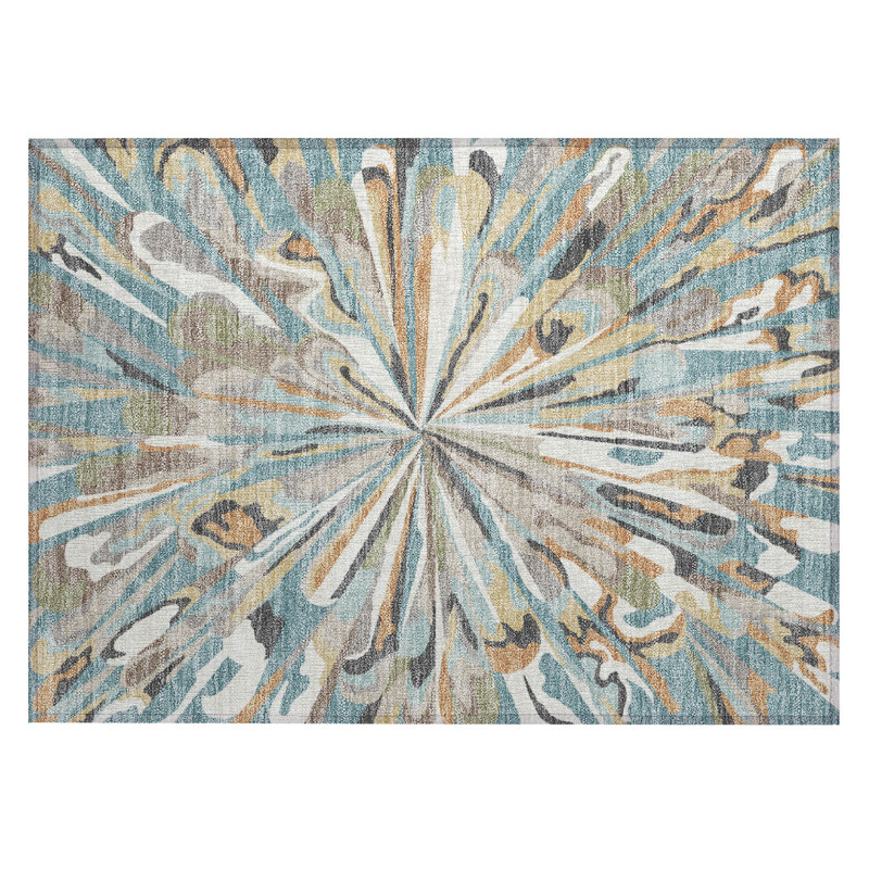 Tapis abstrait lavable à la machine intérieur / extérieur ACN2838, Sarcelle, 2 pi 6 po x 3 pi 10 po