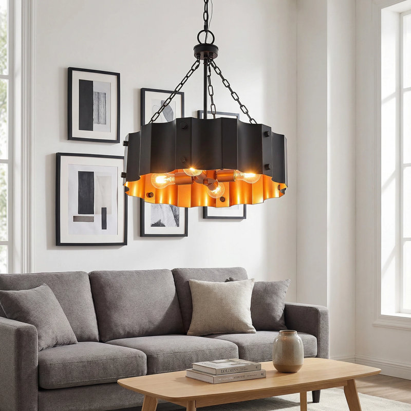 Luminaire suspendu 4 lumières - Abat-jour en métal noir avec intérieur doré