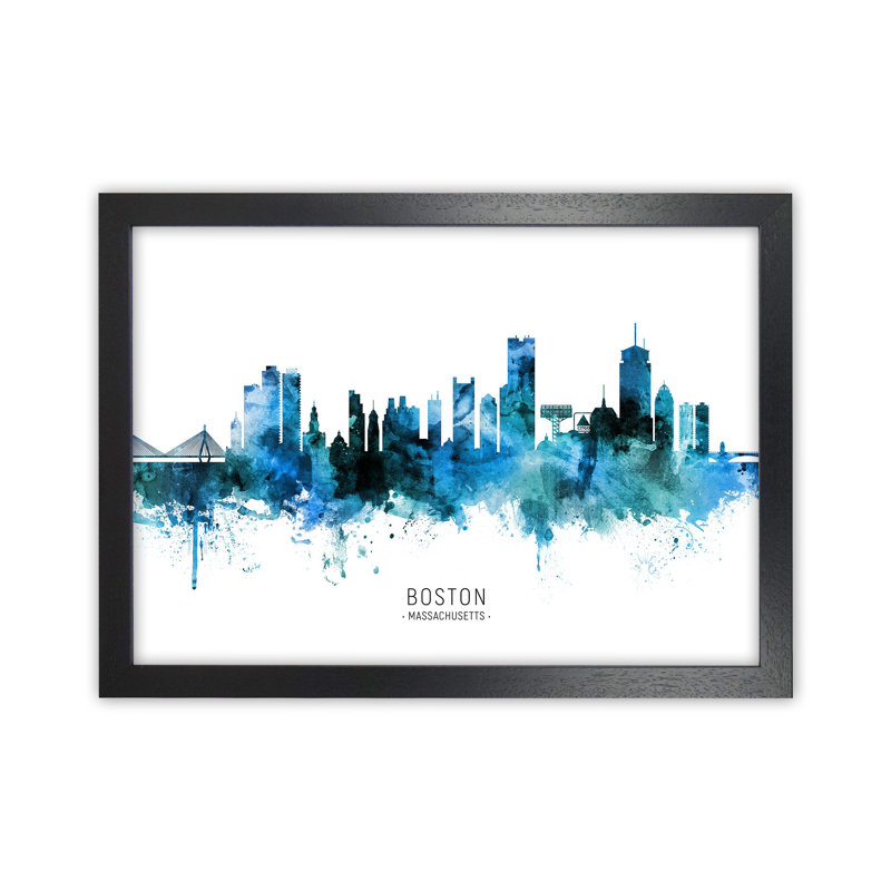 Boston Massachusetts Skyline Blue City Name by Michael Tompsett - Print, Black Framed, 64cm H x 88cm W x 3cm D