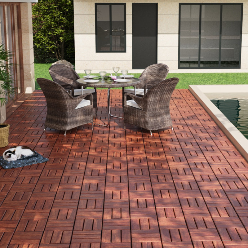 Carreaux de terrasse en bois d'acacia emboîtables - imperméables, résistants à la moisissure, carrés de 12 po x 12 po, plancher de bois franc brun pour patio, balcon, bord de piscine