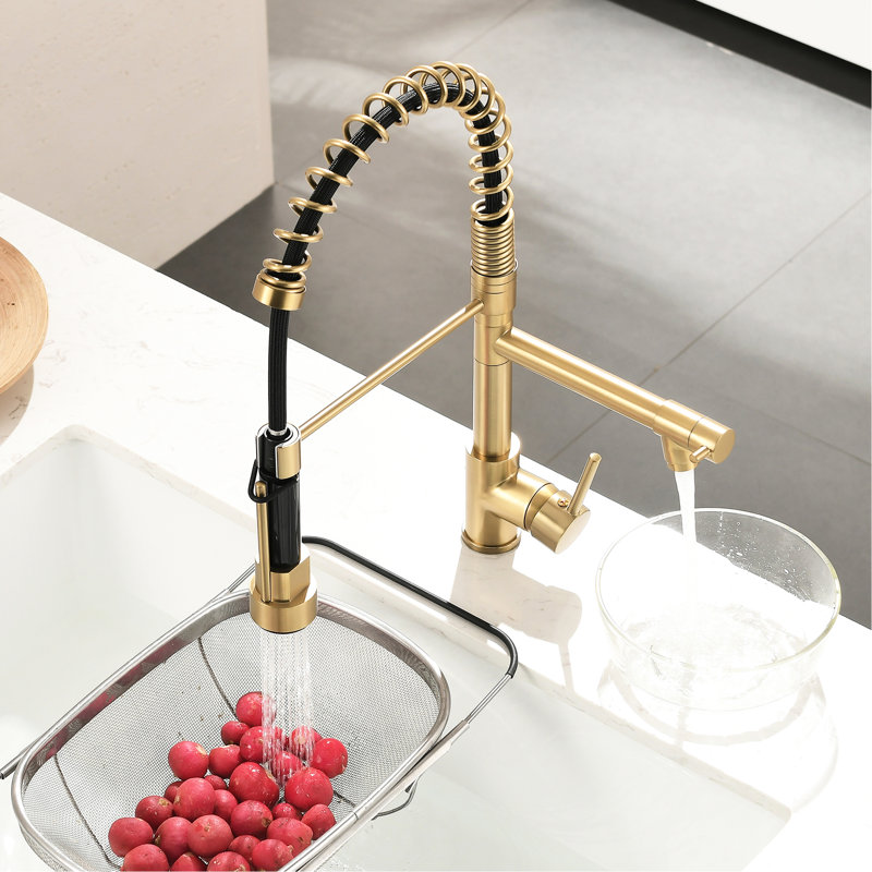 Robinet d'évier de cuisine contemporain doré avec fonction rétractable et jet, levier simple, remplisseur rotatif en céramique Joyful 360, Grace