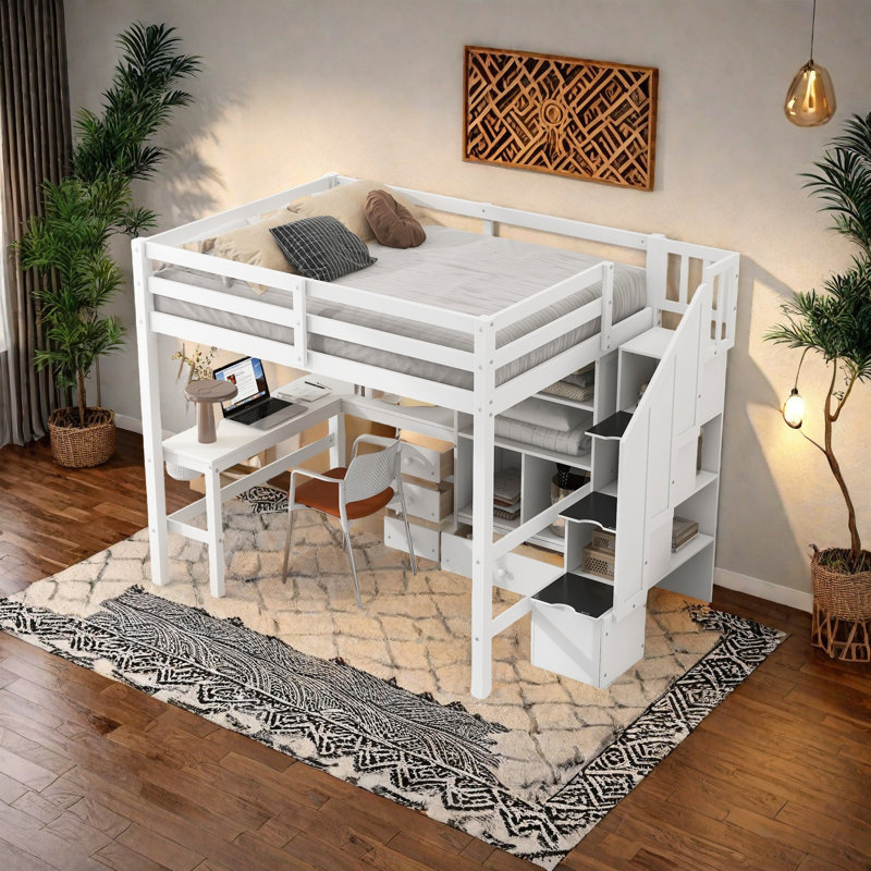 Lit mezzanine avec bureau en L, tiroirs de rangement et armoire, fabrication en bois de pin et en bois aggloméré, aucun sommier requis - Taille double