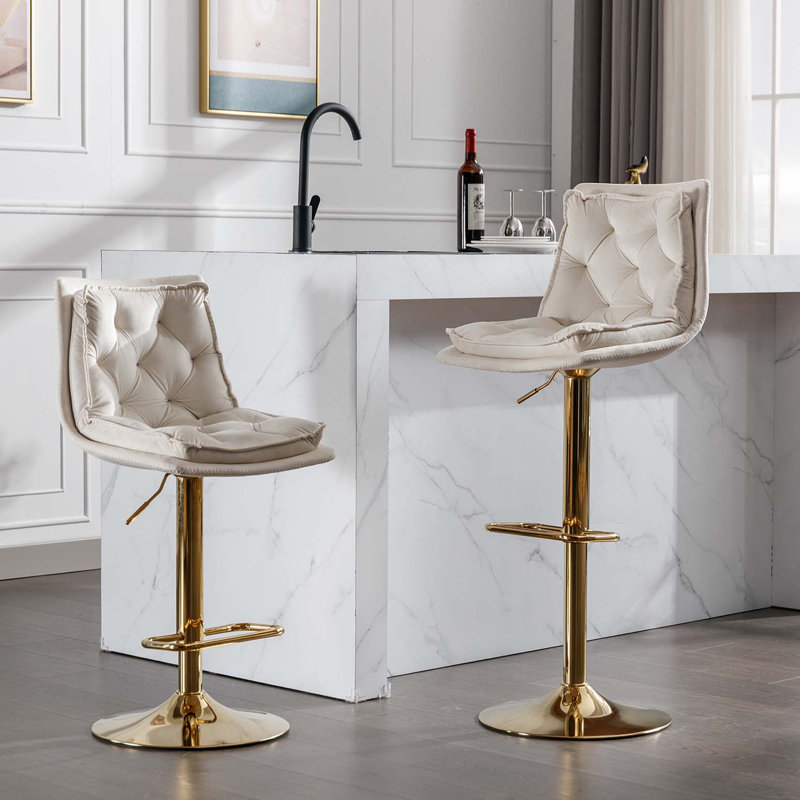 Ensemble de 2 tabourets de bar, avec repose-pieds chromé et base pivotante réglable en velours, Crème, crème