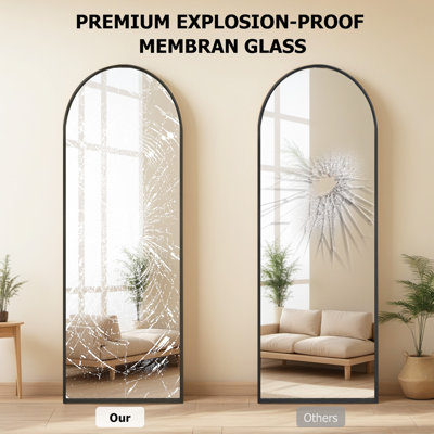 Miroir arqué pleine longueur, grand miroir de plancher avec cadre suspendu ou miroir mural incliné