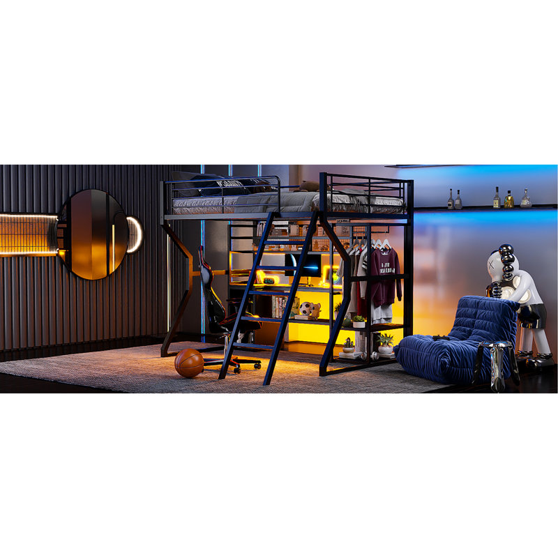 Lit mezzanine en métal pleine grandeur avec bureau intégré, garde-robe ouverte et espace de travail pour une chambre d'étude