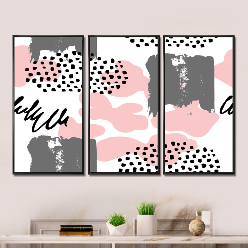 «Pink and Grey Retro Polka Dot Clouds I», reproduction de cadre flottant sur toile 3 pièces, Noir, H 28 po x l 36 po x P 1 po