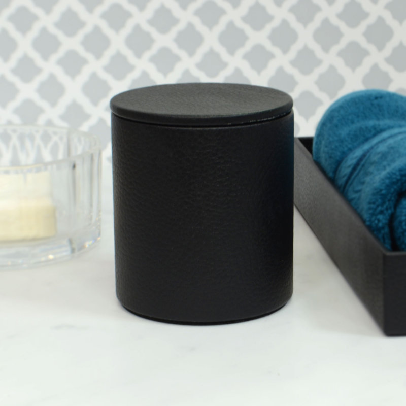 Black Leather Bathroom Storage Jar with Lid – Cotton Ball & Vanity Organizer, Black