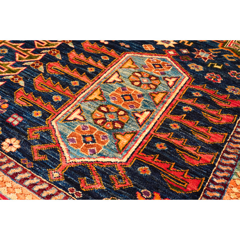 Tapis bleu marine / orange noué à la main de haute qualité